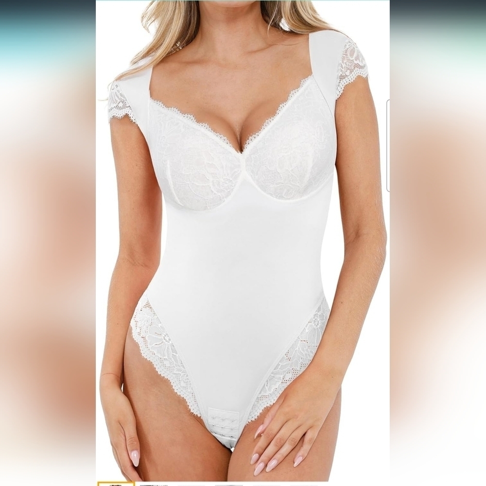 Popilush White Lace Cap Sleeve V Neck Shapewear Tummy Control Bodysuit Size XXL